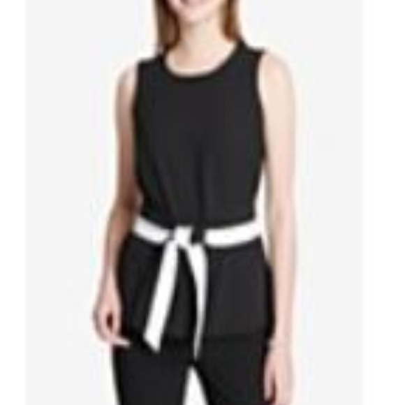 NWT Calvin Klein black sleevless w/b&w tie waist - Picture 2 of 11